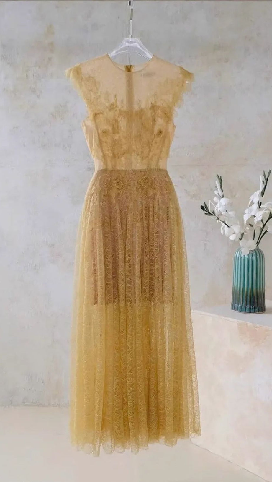 HISAYE ENCHANTING LACE & MESH PLEATED MIDI DRESS - ETHEREAL GREEN FOR SPECIAL OCCASIONS