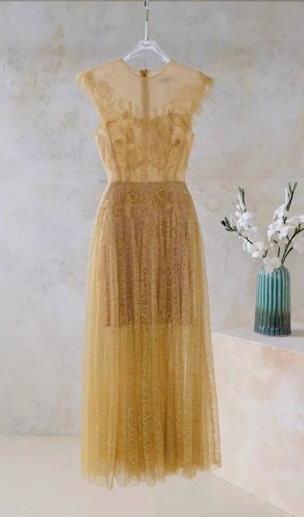 HISAYE ENCHANTING LACE & MESH PLEATED MIDI DRESS - ETHEREAL GREEN FOR SPECIAL OCCASIONS