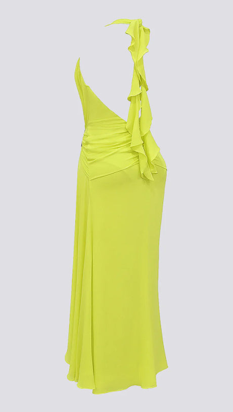 MAÉVA HALTER NECK SLIT PLUNGE NECK MAXI DRESS IN GREEN