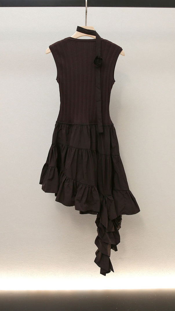 AIIZIE CHIC HUONG BROWN ASYMMETRICAL TIERED KNIT MIDI DRESS - product image