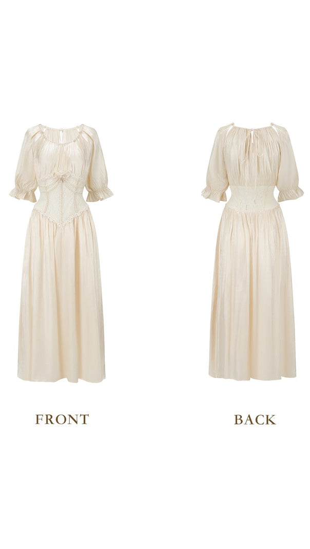 Square neck puff sleeve lace satin maxi dress - white