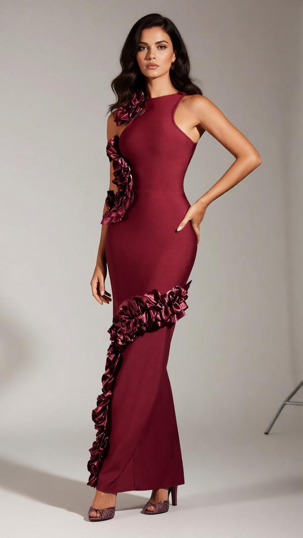 AIIZIE Filipe Elegant Burgundy Ruffle Bandage Maxi Dress - Sleeveless Bodycon Evening Gown - product image