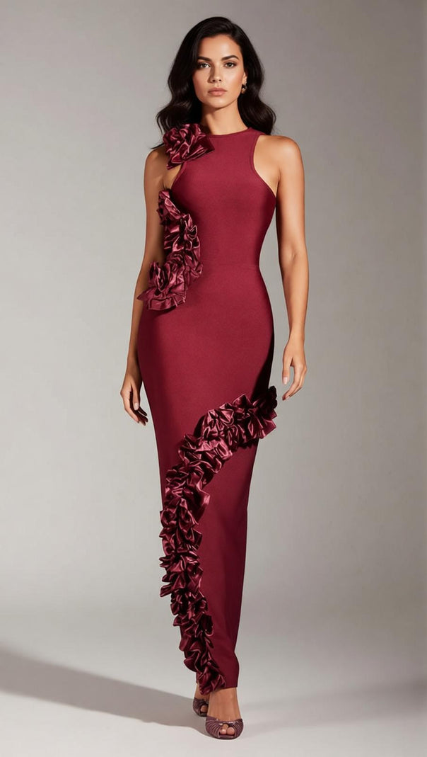 AIIZIE Filipe Elegant Burgundy Ruffle Bandage Maxi Dress - Sleeveless Bodycon Evening Gown - product image