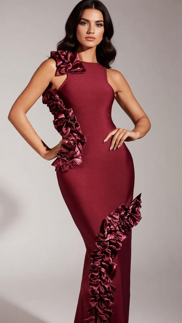 AIIZIE Filipe Elegant Burgundy Ruffle Bandage Maxi Dress - Sleeveless Bodycon Evening Gown - product image