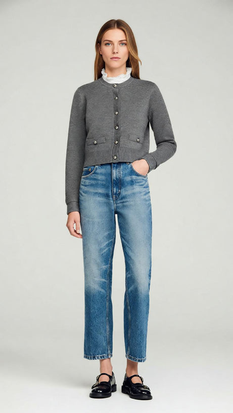 Women's Chic Fine Knit Button-Front Cardigan with Piped Pockets