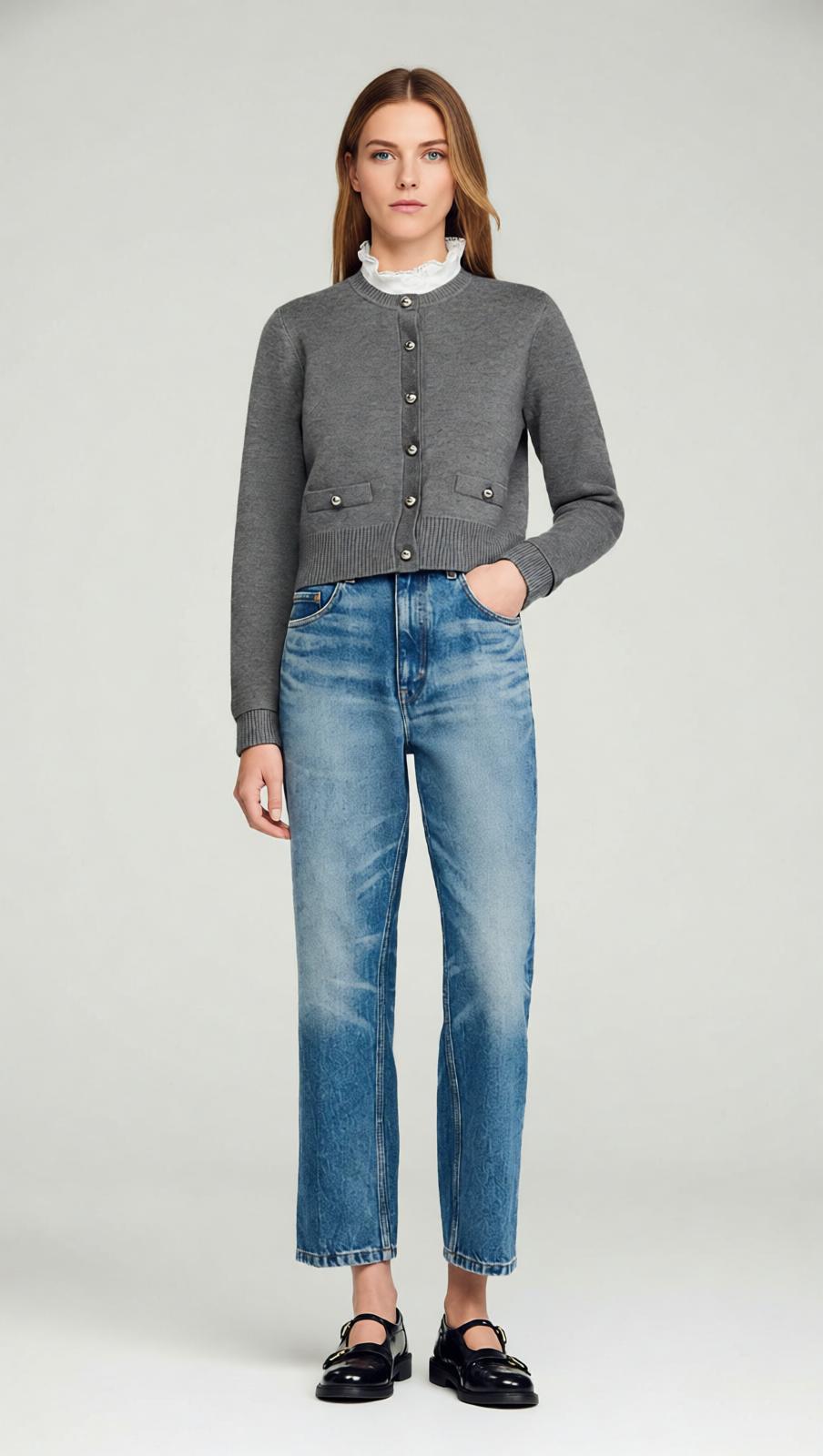 Women's Chic Fine Knit Button-Front Cardigan with Piped Pockets