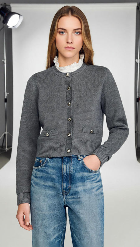 Women's Chic Fine Knit Button-Front Cardigan with Piped Pockets
