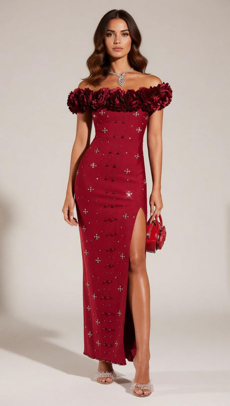 Finella Glamorous Red Off-Shoulder 3D Floral Embellished Maxi Gown with Slit