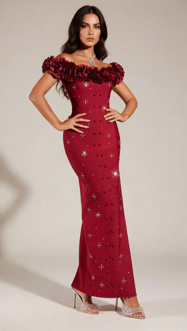 AIIZIE Finella Glamorous Red Off-Shoulder 3D Floral Embellished Maxi Gown with Slit - product image