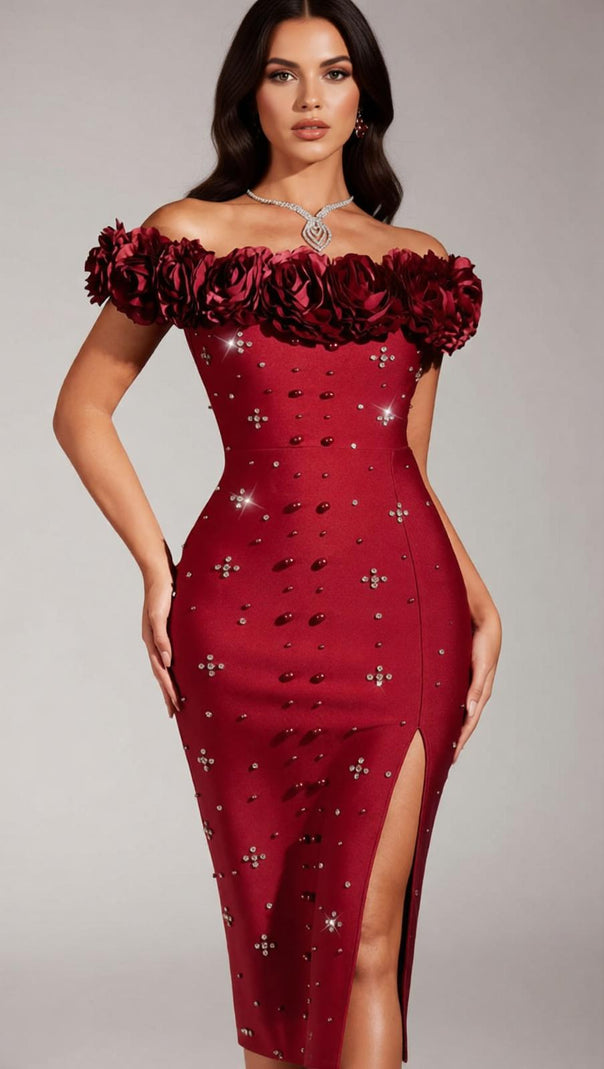 AIIZIE Finella Glamorous Red Off-Shoulder 3D Floral Embellished Maxi Gown with Slit - product image