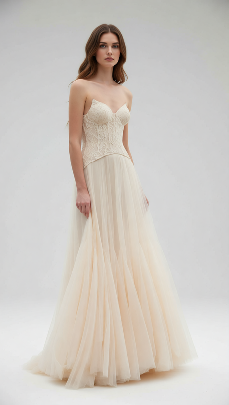 Finja Ethereal Apricot Strapless Corset Mesh Maxi Dress | Romantic Goddess Gown