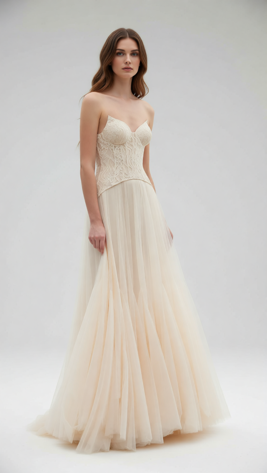 Finja Ethereal Apricot Strapless Corset Mesh Maxi Dress | Romantic Goddess Gown