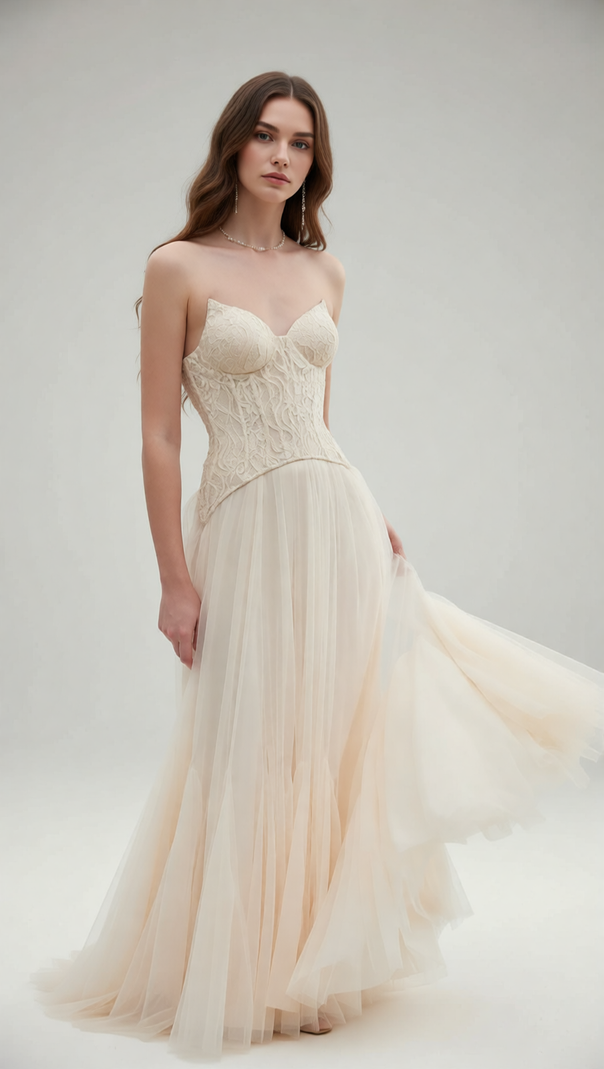 AIIZIE Finja Ethereal Apricot Strapless Corset Mesh Maxi Dress | Romantic Goddess Gown - product image