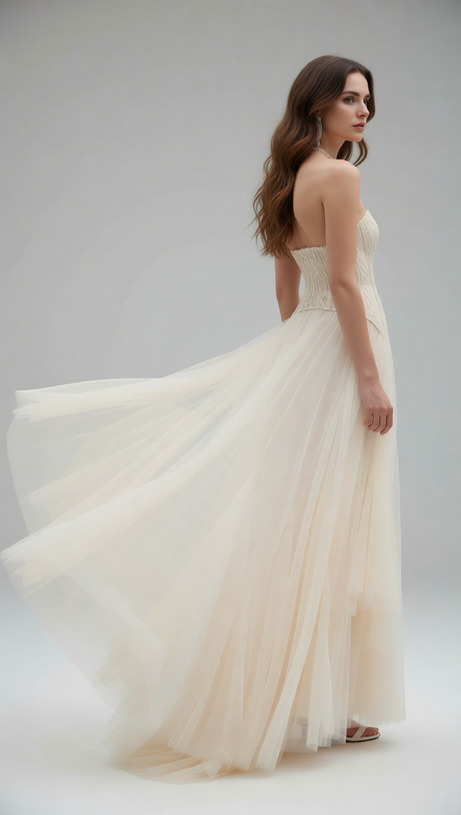 Finja Ethereal Apricot Strapless Corset Mesh Maxi Dress | Romantic Goddess Gown
