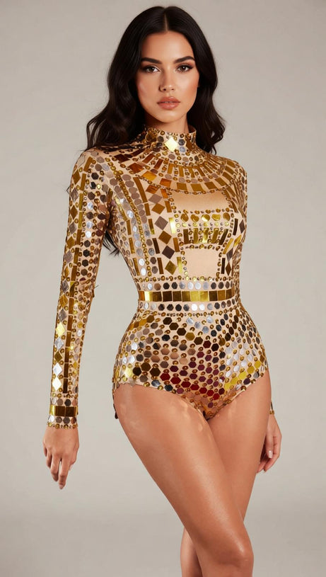 Finnguala Dazzling Crystal Mirror Bodysuit - High Neck Long Sleeve Glamour