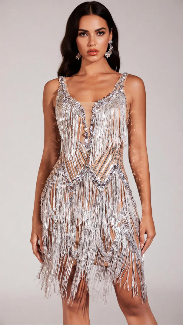 AIIZIE Finola Dazzling Sequin & Fringe Mini Dress | Sleeveless Glamour Party Dress - product image