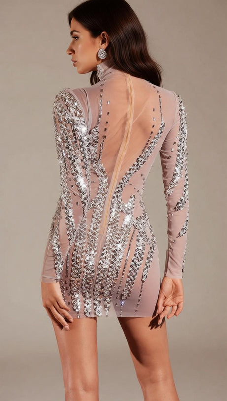 Fiore Glamorous High Neck Sequin Rhinestone Mini Dress