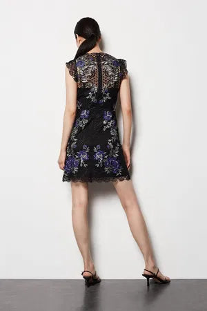 FLORAL LACE HOLLOW MINI DRESS IN BLACK