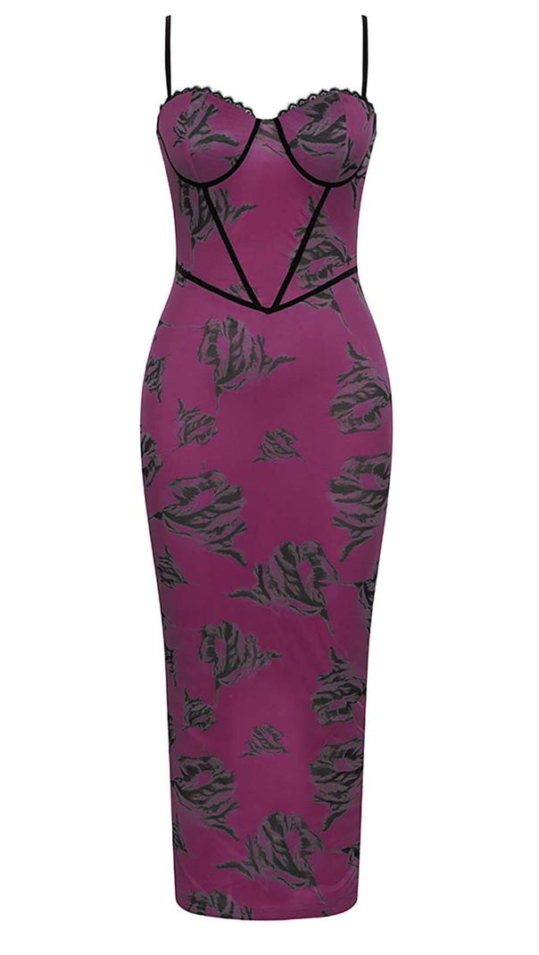 ABITO MIDI CON CORSETTO E SPALLINE FLOREALI