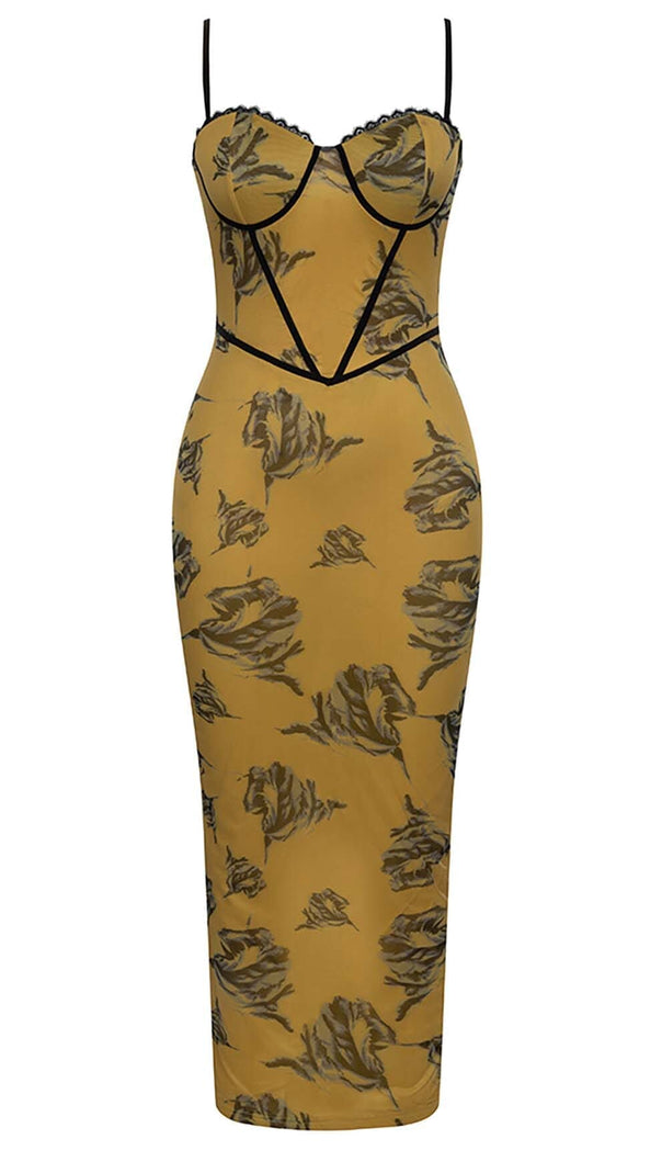 ABITO MIDI CON CORSETTO E SPALLINE FLOREALI