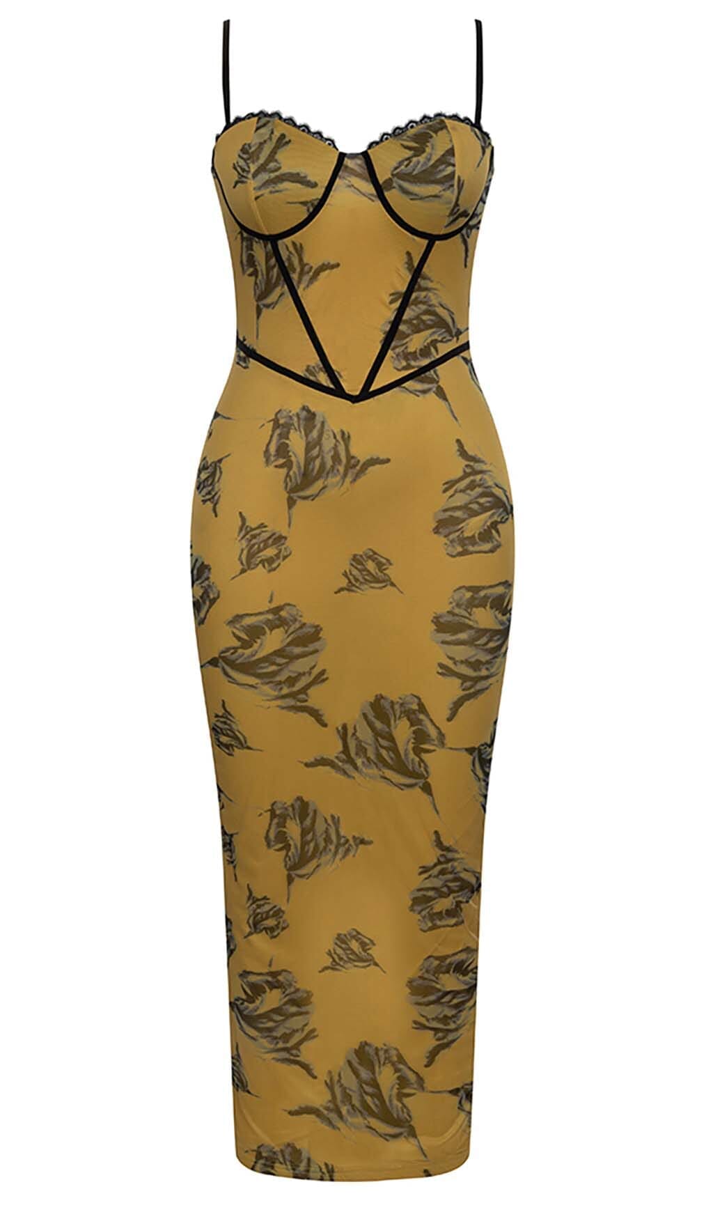 ABITO MIDI CON CORSETTO E SPALLINE FLOREALI