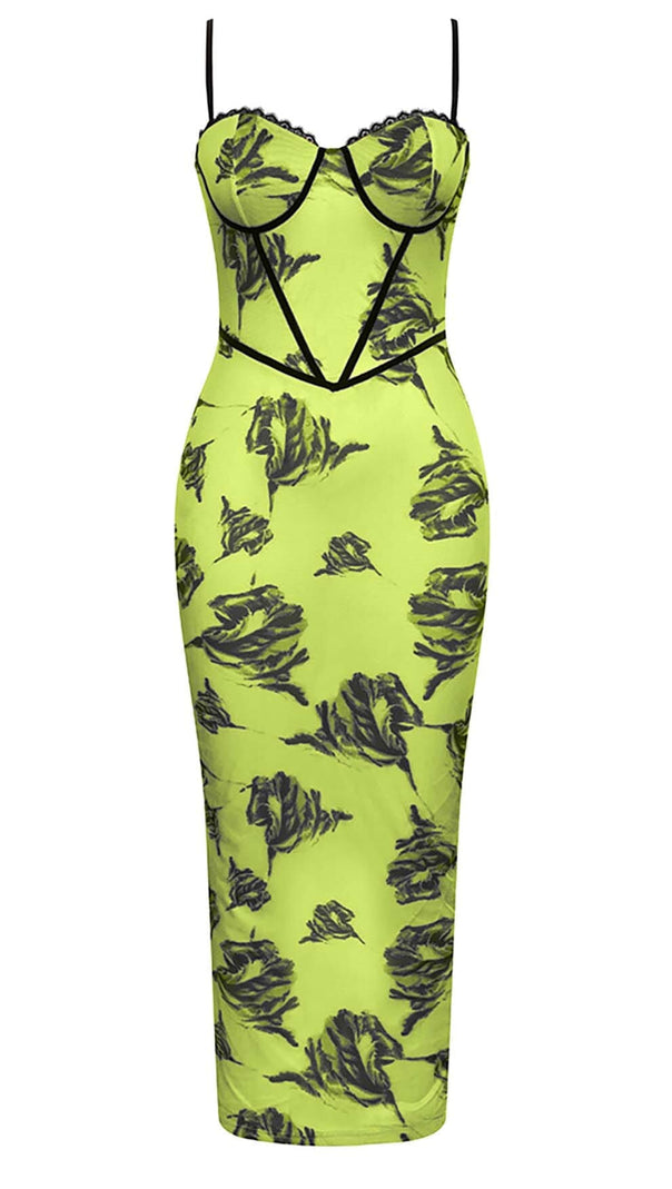 ABITO MIDI CON CORSETTO E SPALLINE FLOREALI