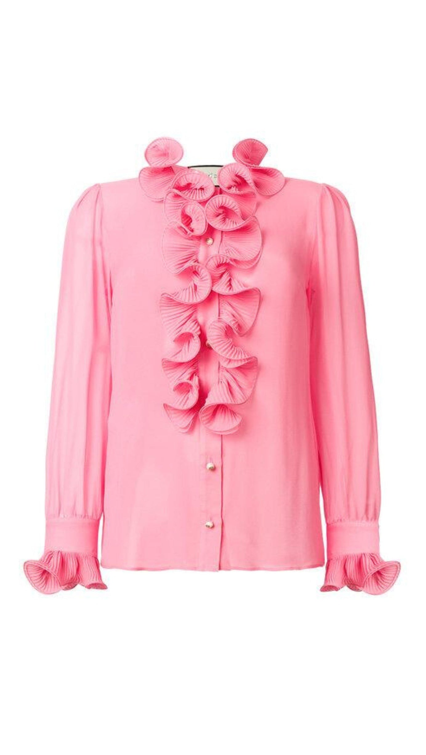 Blusa in georgette di seta trasparente con volant, colore rosa