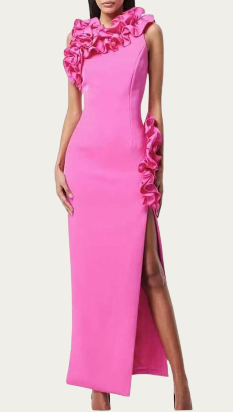 HOT PINK RUFFLED MIDI DRESS