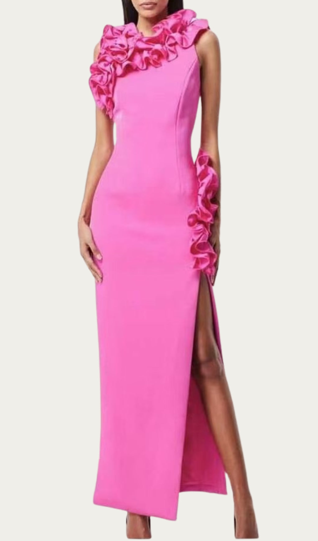 ABITO MIDI ROSA SCURO CON VOLANT