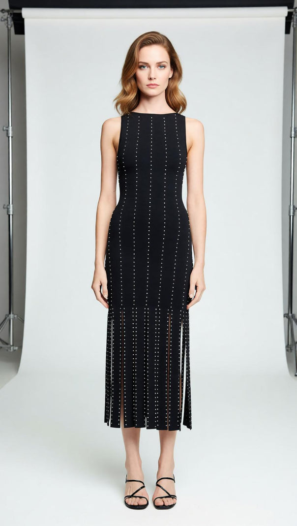 AIIZIE Glamorous Black Studded Fringe Bodycon Midi Dress | Sleeveless & Chic - product image