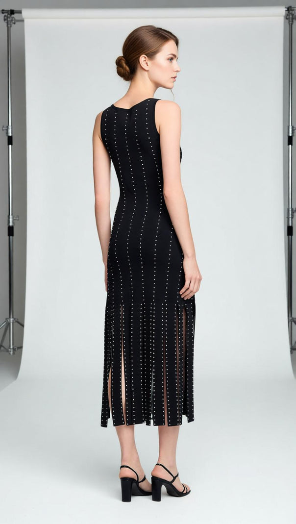 AIIZIE Glamorous Black Studded Fringe Bodycon Midi Dress | Sleeveless & Chic - product image