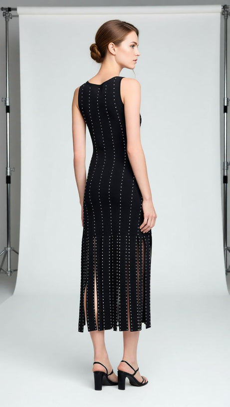 Glamorous Black Studded Fringe Bodycon Midi Dress | Sleeveless & Chic