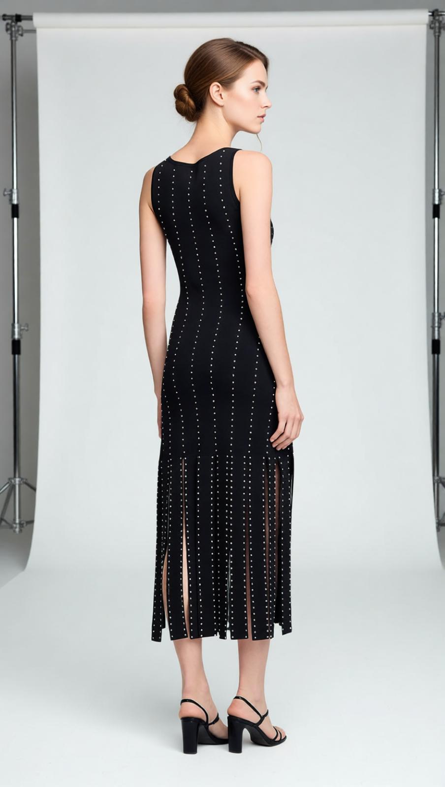 Glamorous Black Studded Fringe Bodycon Midi Dress | Sleeveless & Chic