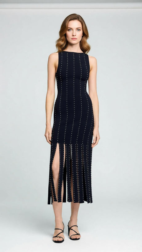 Glamorous Black Studded Fringe Bodycon Midi Dress | Sleeveless & Chic