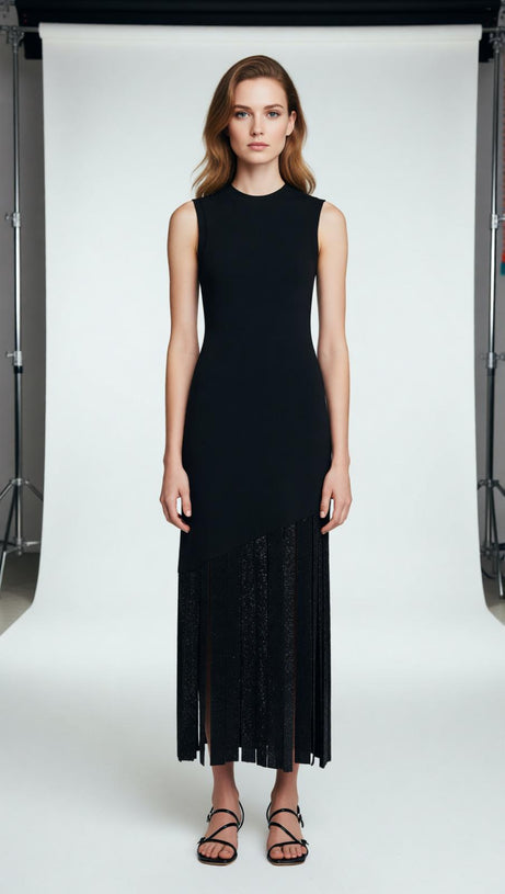 Glamorous Black Sleeveless Maxi Dress with Rhinestone Fringe Hem