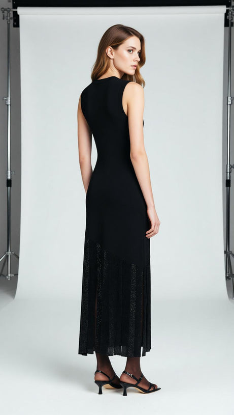 Glamorous Black Sleeveless Maxi Dress with Rhinestone Fringe Hem