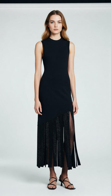 Glamorous Black Sleeveless Maxi Dress with Rhinestone Fringe Hem