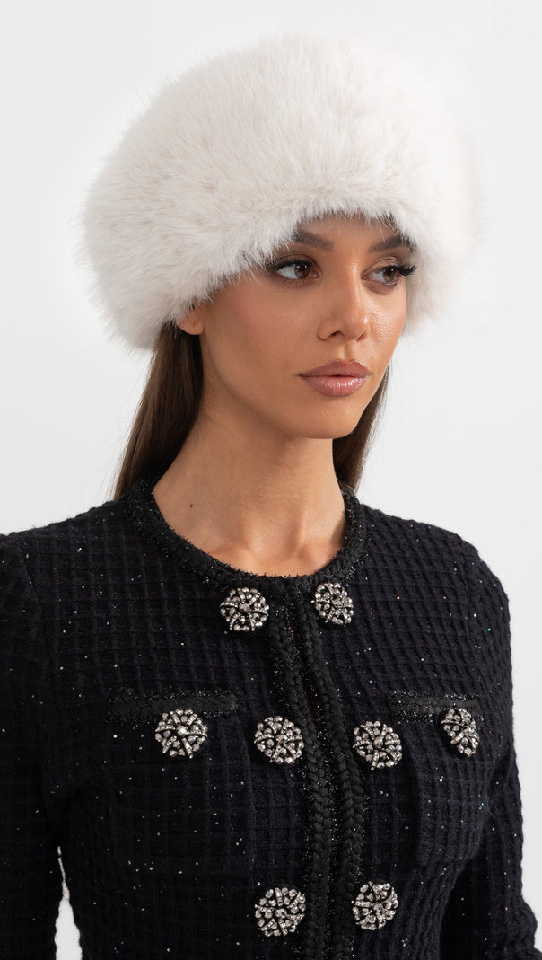 Furry Hat With Wide Brim - White
