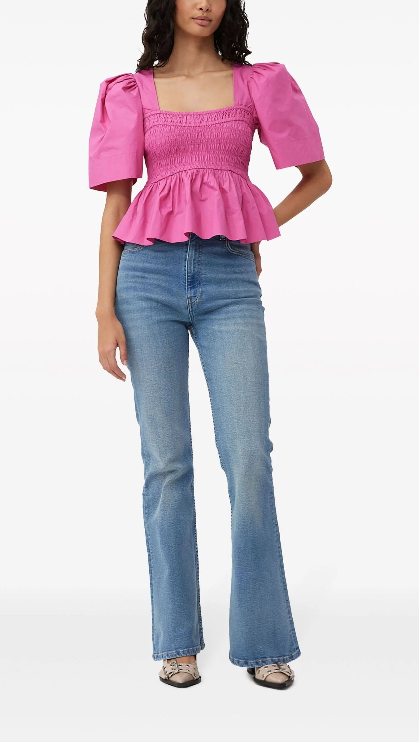 BLUSA ROSA CON PEPLUM ARRICCIATO 