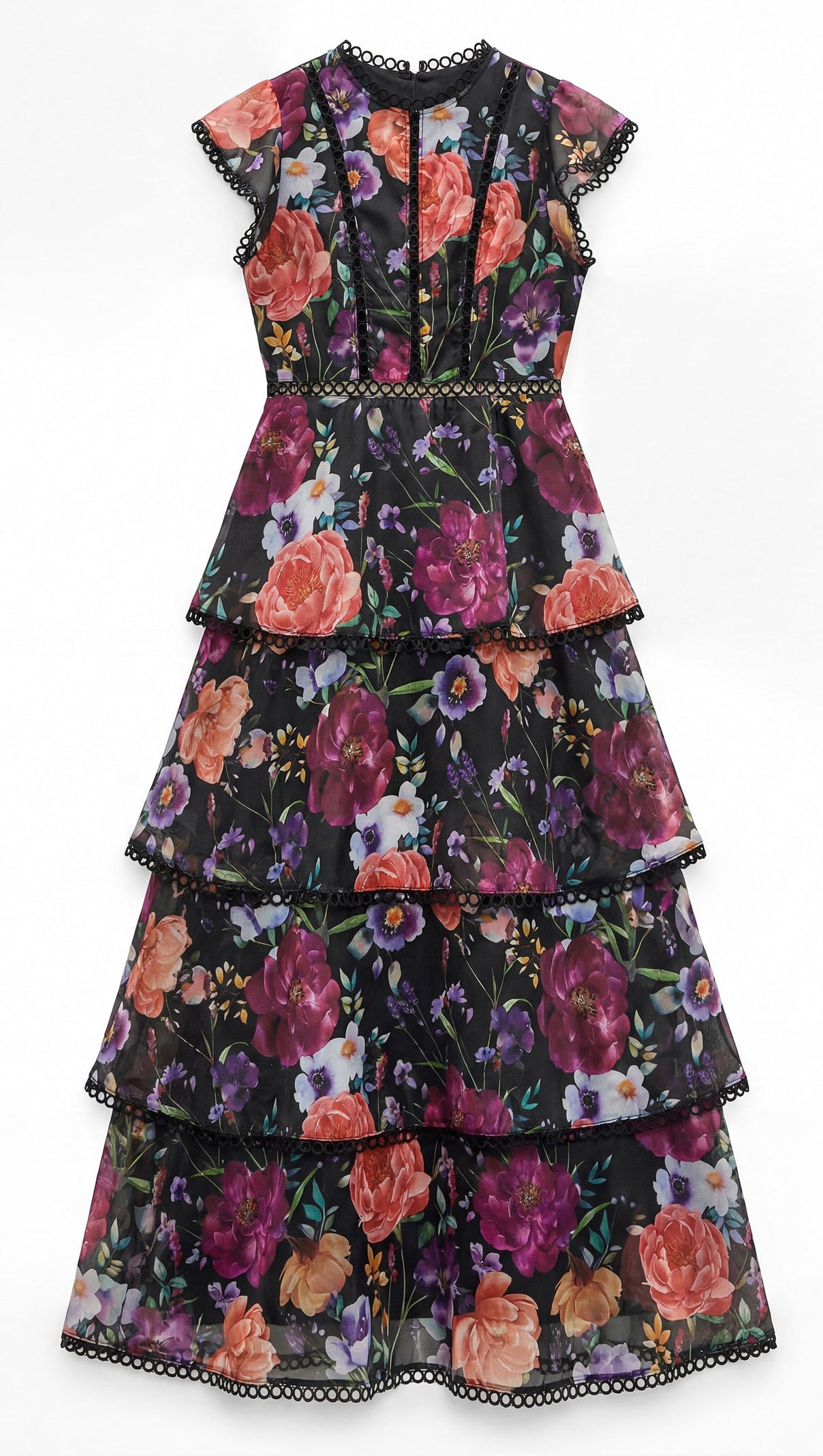 Black Floral Print Tiered Ruffle Maxi Dress