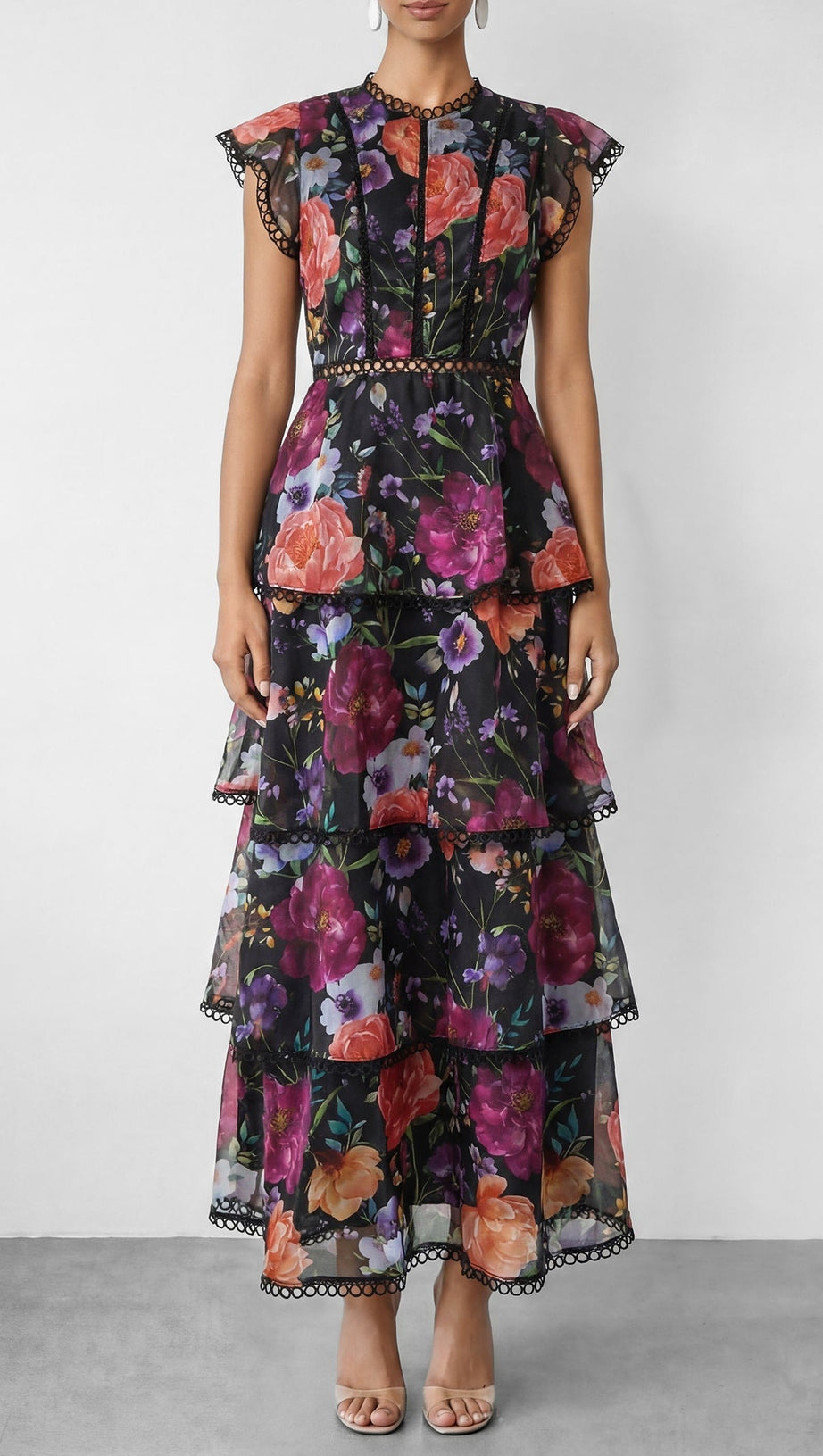 Black Floral Print Tiered Ruffle Maxi Dress