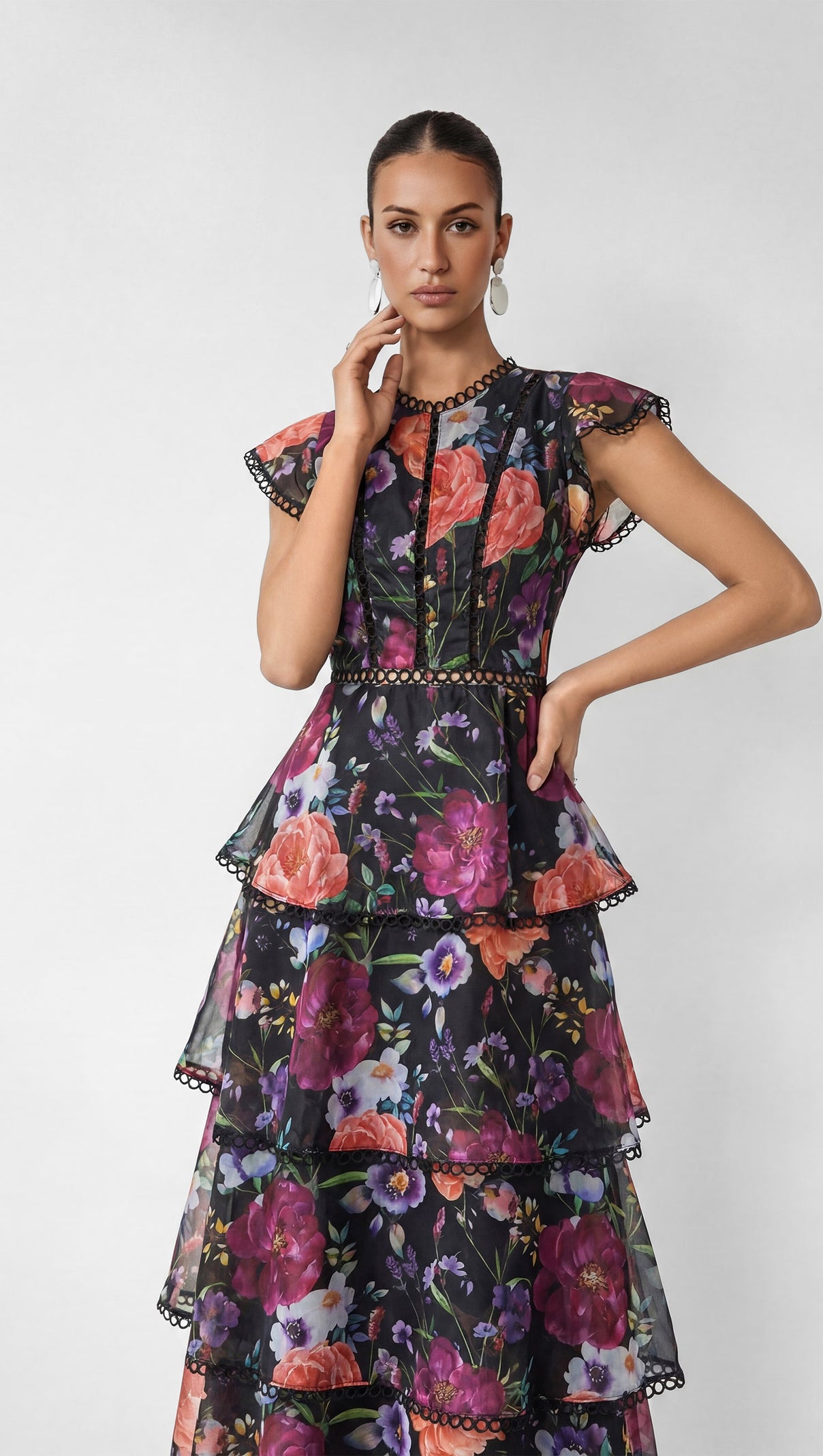 Black Floral Print Tiered Ruffle Maxi Dress