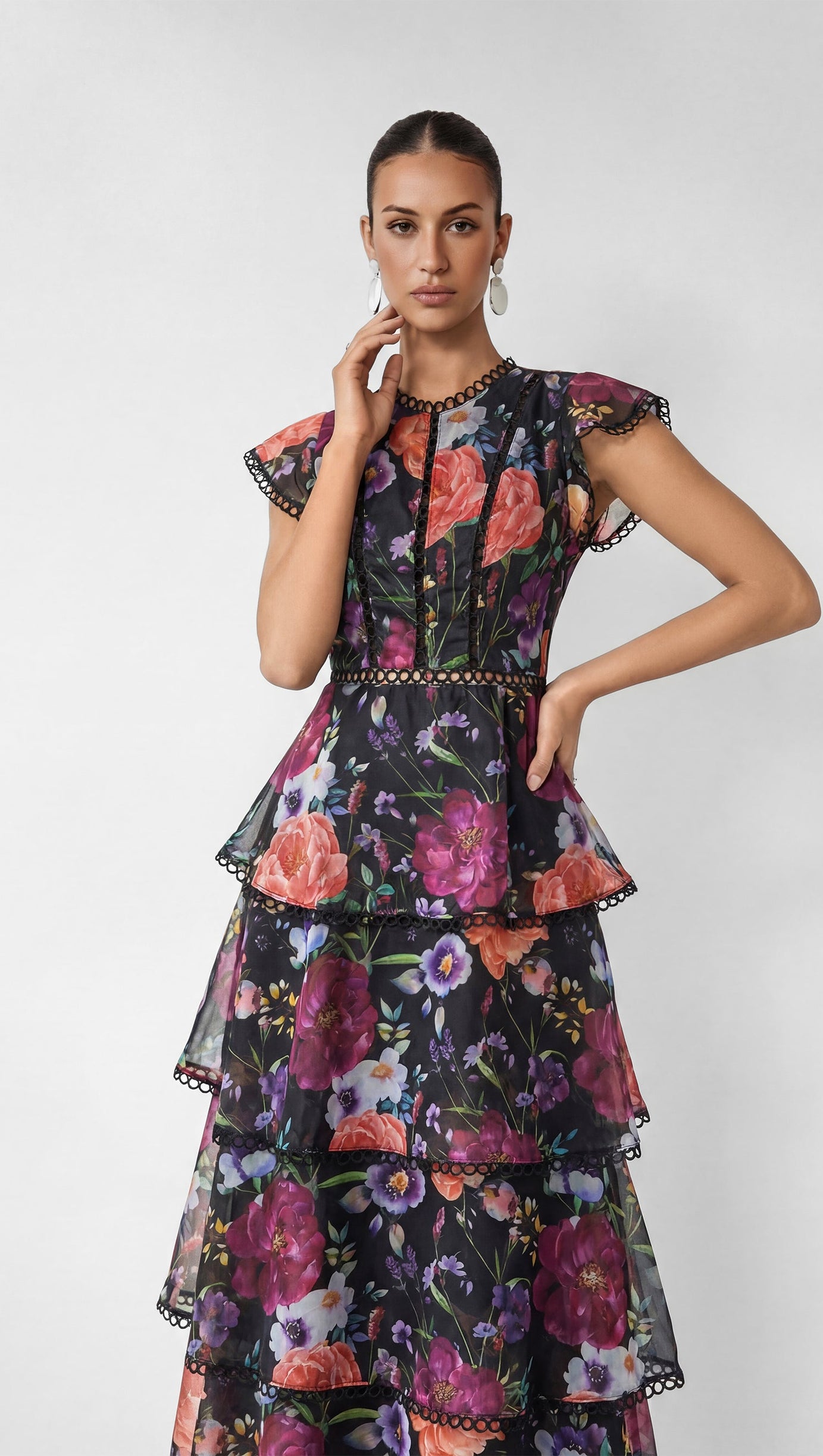 Black Floral Print Tiered Ruffle Maxi Dress