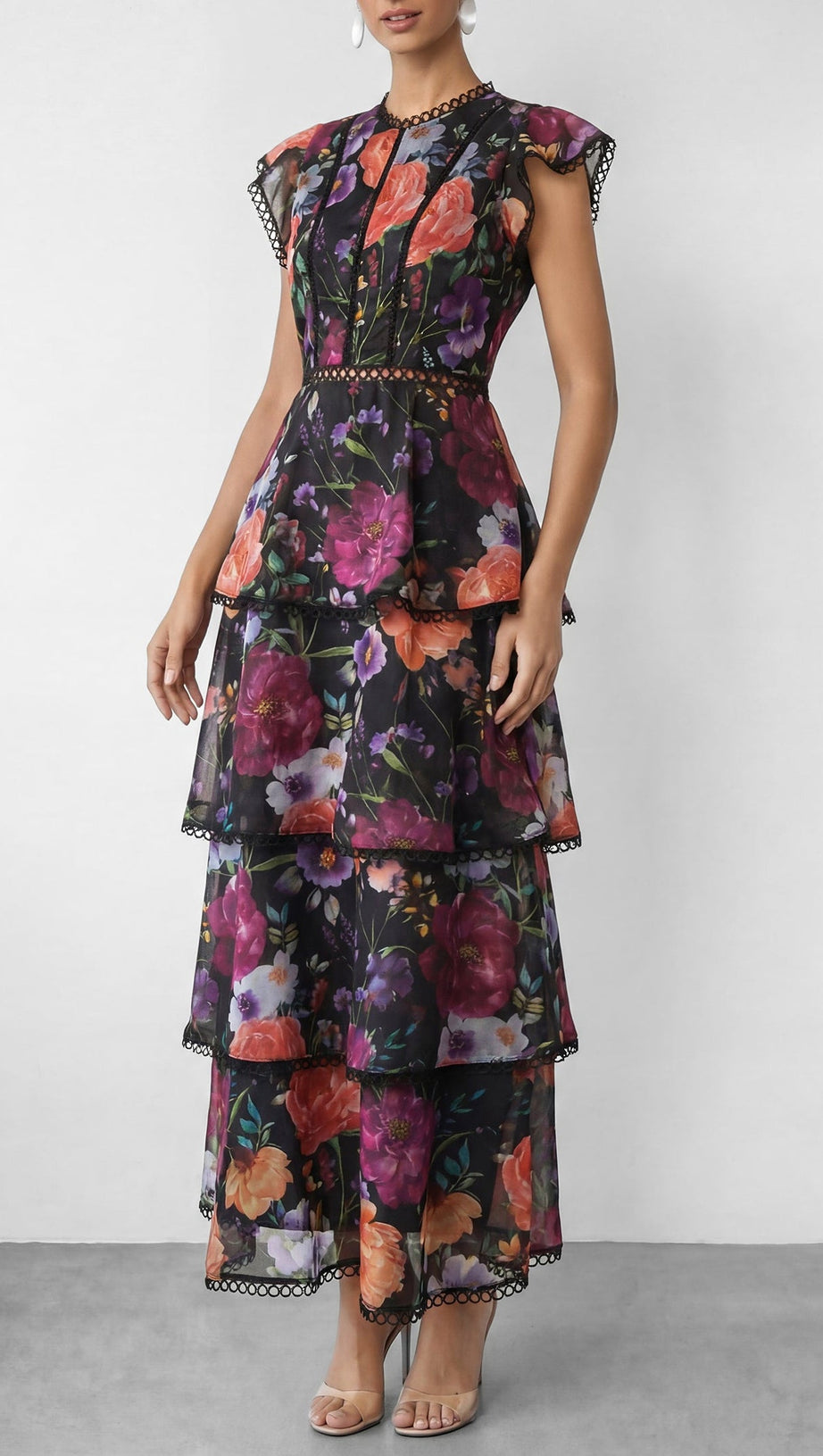 Black Floral Print Tiered Ruffle Maxi Dress