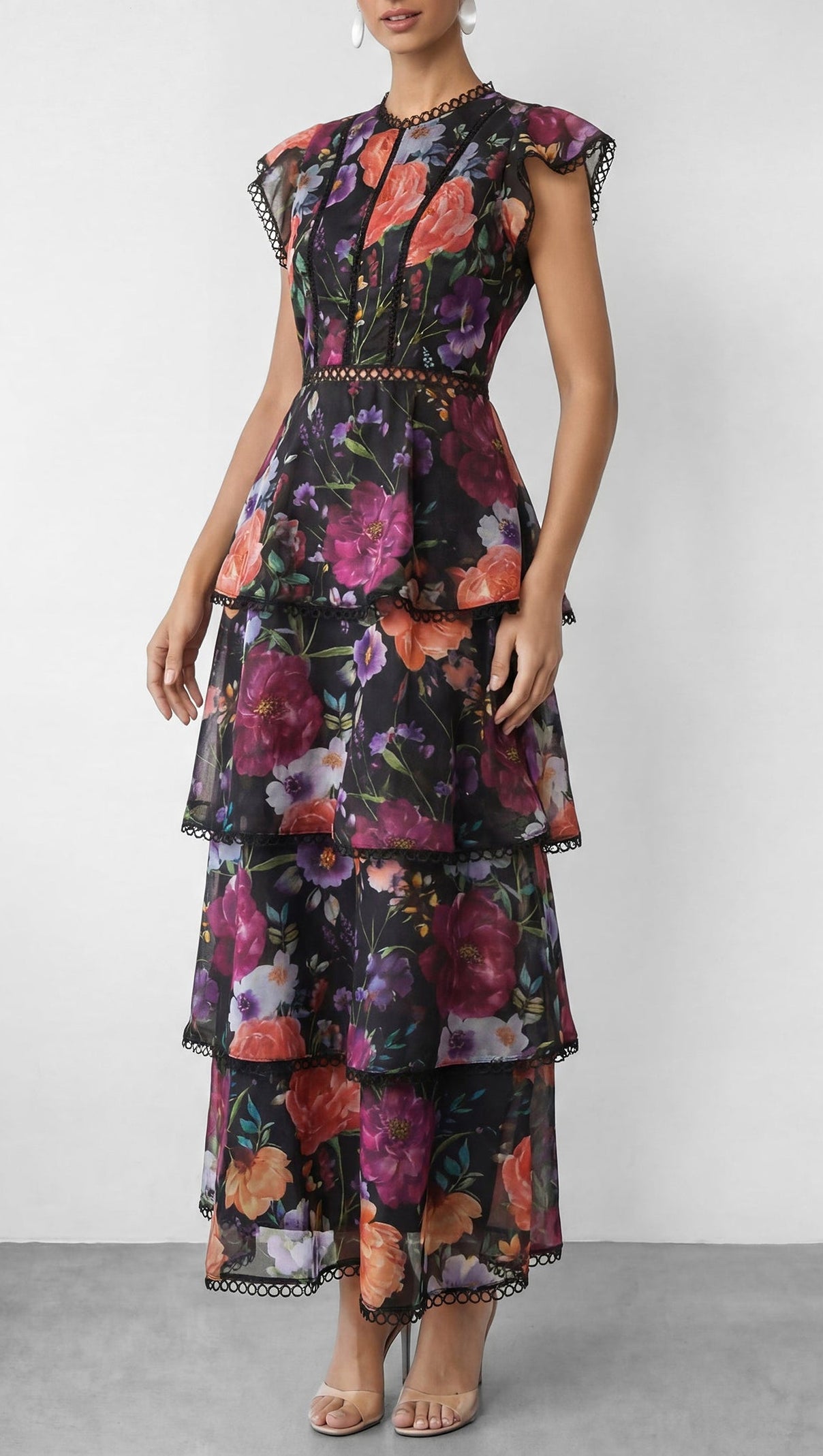 Black Floral Print Tiered Ruffle Maxi Dress