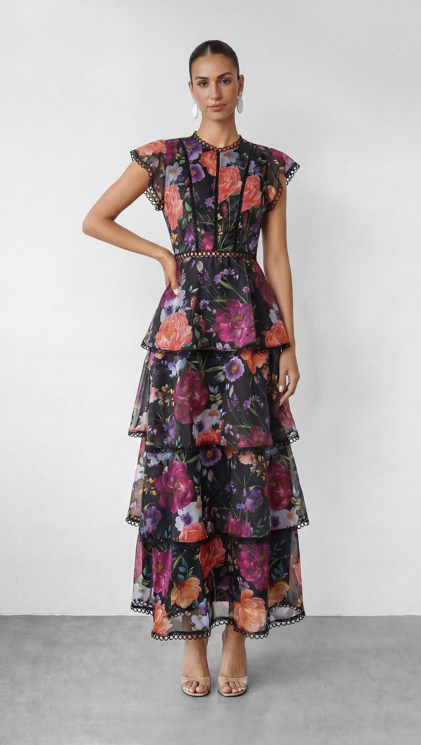 Black Floral Print Tiered Ruffle Maxi Dress