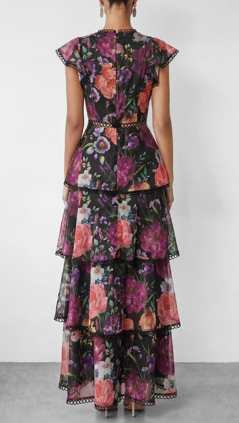 Black Floral Print Tiered Ruffle Maxi Dress