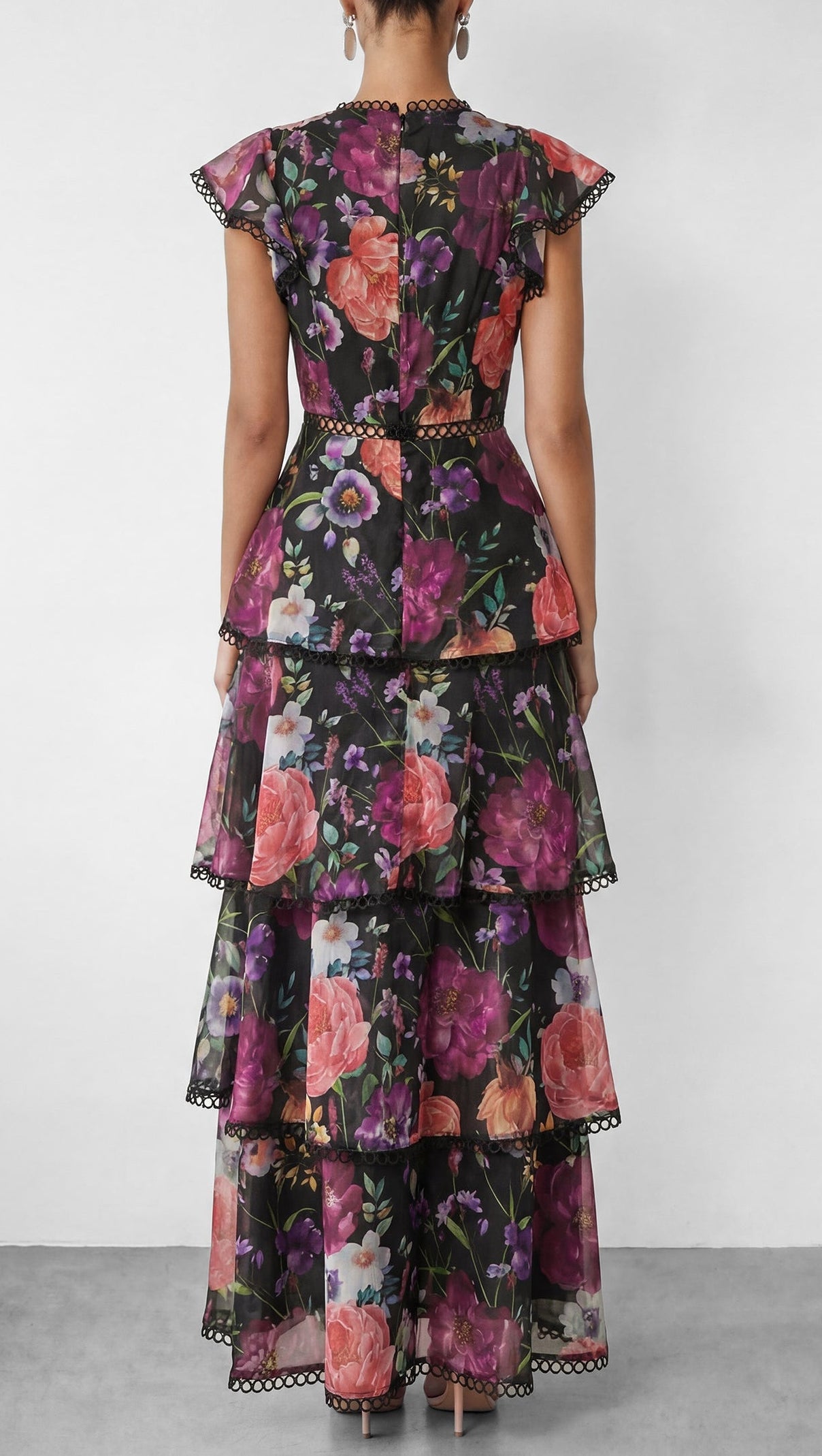 Black Floral Print Tiered Ruffle Maxi Dress