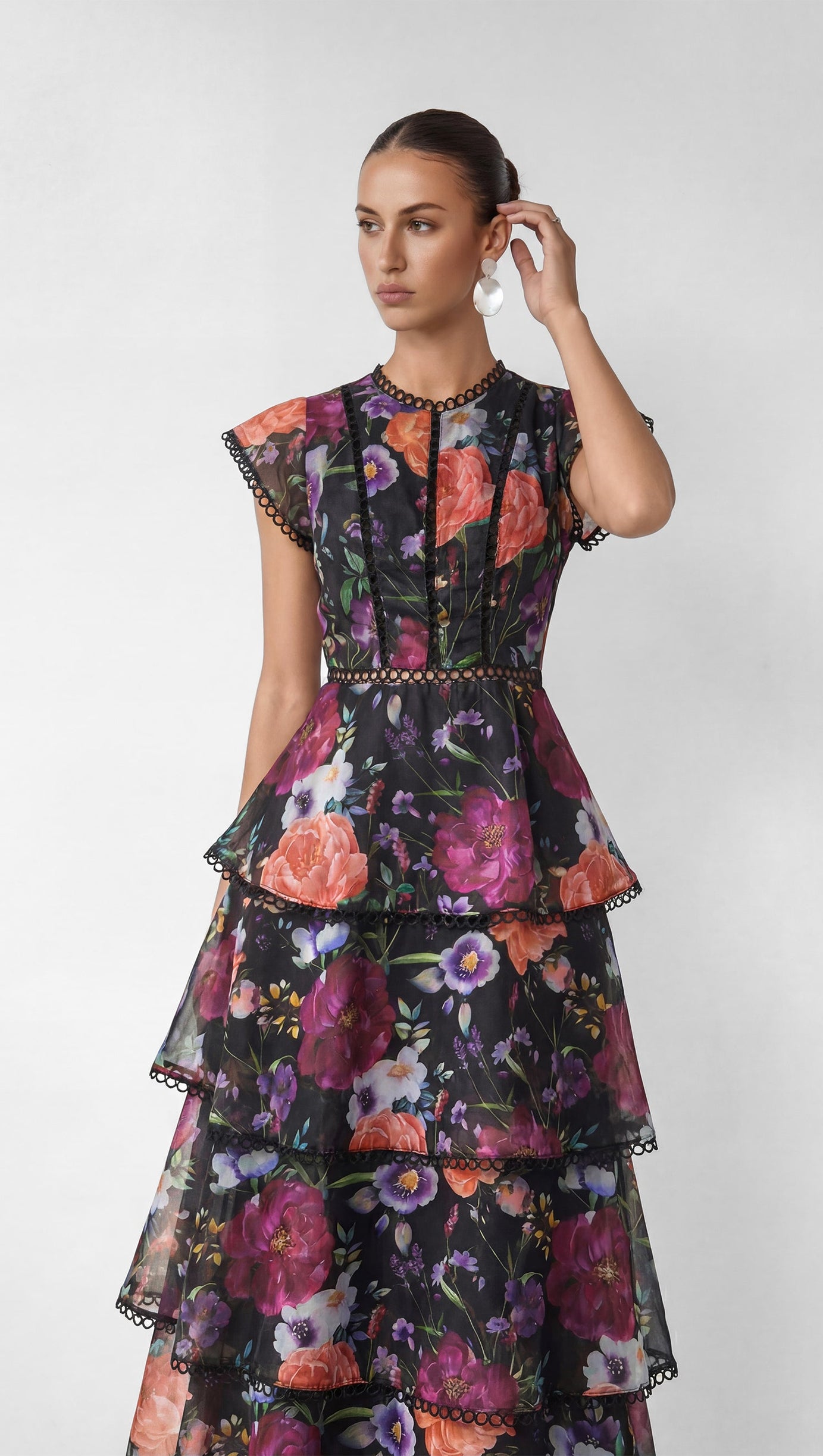 Black Floral Print Tiered Ruffle Maxi Dress