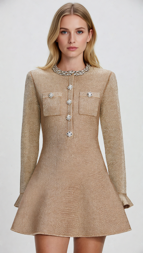 Sparkling Gold Crystal Embellished Mini Dress